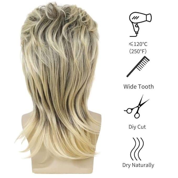 Kaneles Mens Mullet Wigs Dark Root 80s Costumes Halloween Male Wig for Fancy Dress (Dark Root Mix Blonde)