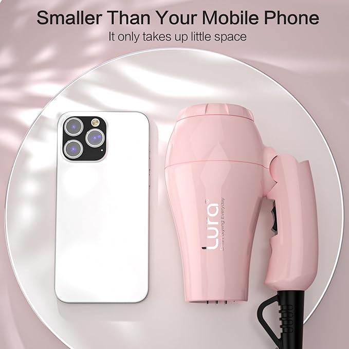 Foldable Travel Hair Dreyr Mini:Dual Voltage Lightweight Blow Dryer with Pouch,1200w Compact Pink Small Hair Dryer for Acrylic Paint Pouring(Light Pink)