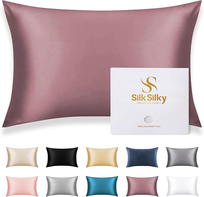 SilkSilky 100% Mulberry Silk Pillowcase - Pure 22 Momme High-Grade 6A Fibers for Hair & Skin, Envelope Closure, Natural, Organic, Breathable & Cooling Pillow Case (Standard, Pale Mauve)