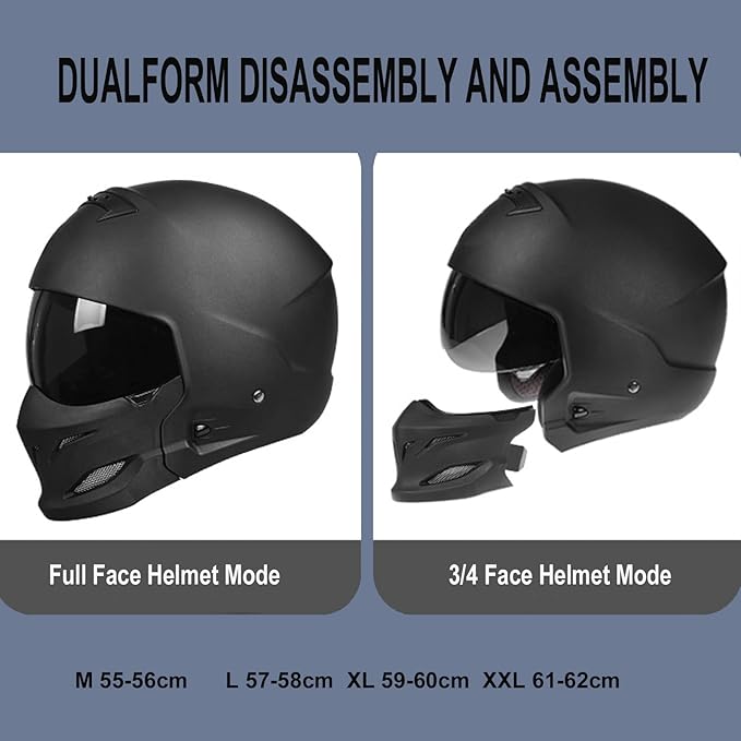 Full Face Motorcycle Helmet for Unisex-Adult Dirt Bike ATV Scooter Cruiser 3/4 Face Motocross Helmet Interchangeable Mouth Cover DOT Approved