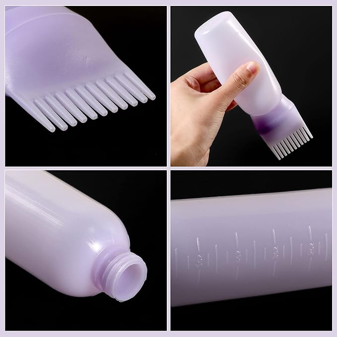 Pimoys Root Comb Applicator Bottle 6 Ounce Oil Applicator for Hair Dye, 3 Pack Hair Oiling Bottle Brush with Graduated Scale (Pink, Purple, White)