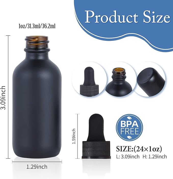 1 oz Dropper Bottle 24 Pack Amber Glass Boston Bottles 30ml with Eye Droppers Black Caps for Essential Oils, Perfume, Leak Proof Travel Bottles for Liquids