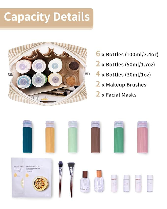 Narwey Striped Makeup Bag Travel Cosmetic Bag Organizer Toiletry Bag Make Up Bags with Compartments for Women Girls (Large,Brown Stripe)