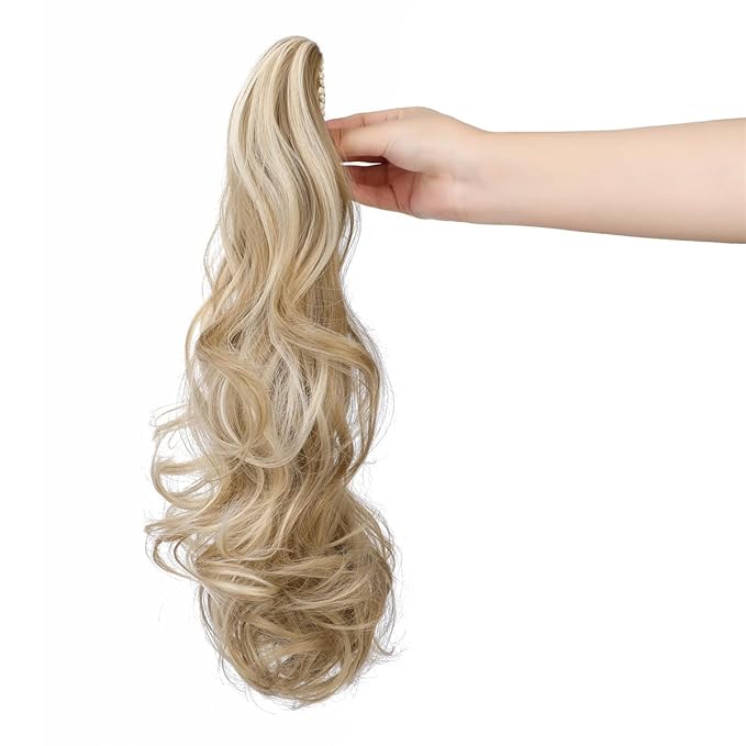 Claw Clip Ponytail Extension 18" Clip in Wavy Ponytail Hair Extensions Long Pony Tails for Women Extensions Ash Blonde Mix Light Bleach Blonde Wave Hairpiece