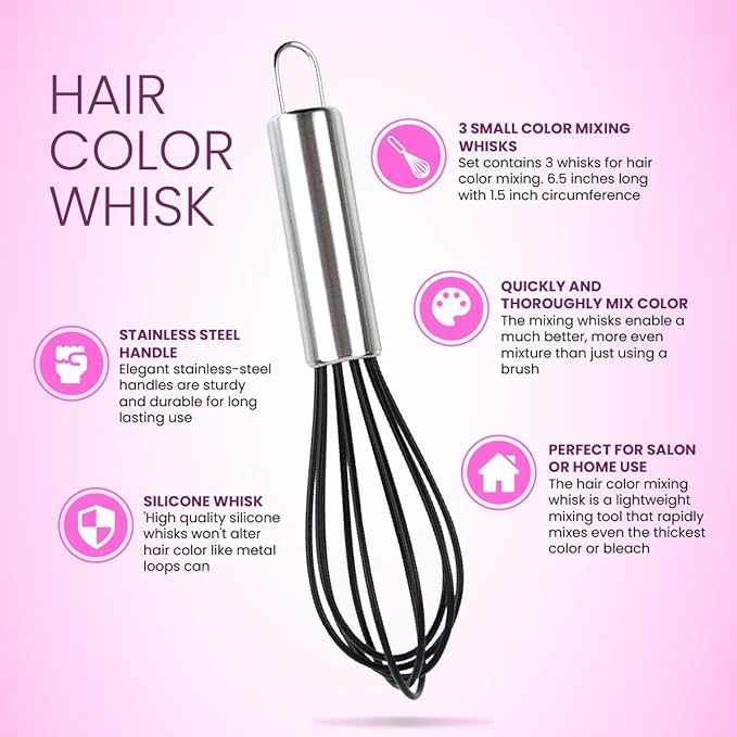 Hair Color Whisk Set - 3 Silicone Mixers with Stainless Steel Handles - Hair Dye Whisks for Blending Color in Salon or Home Use - Professional Hair Color Mixing Tools
