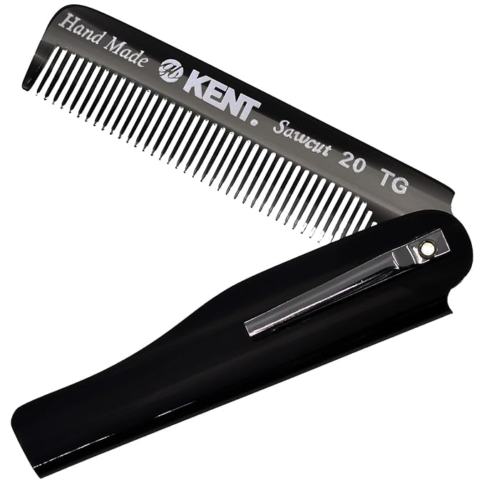 Kent 20T Black Graphite Handmade Folding Pocket Comb for Men, Fine Tooth Hair Comb Straightener for Everyday Grooming Styling Hair, Beard or Mustache, Use Dry or with Balms, Saw Cut, Made in England