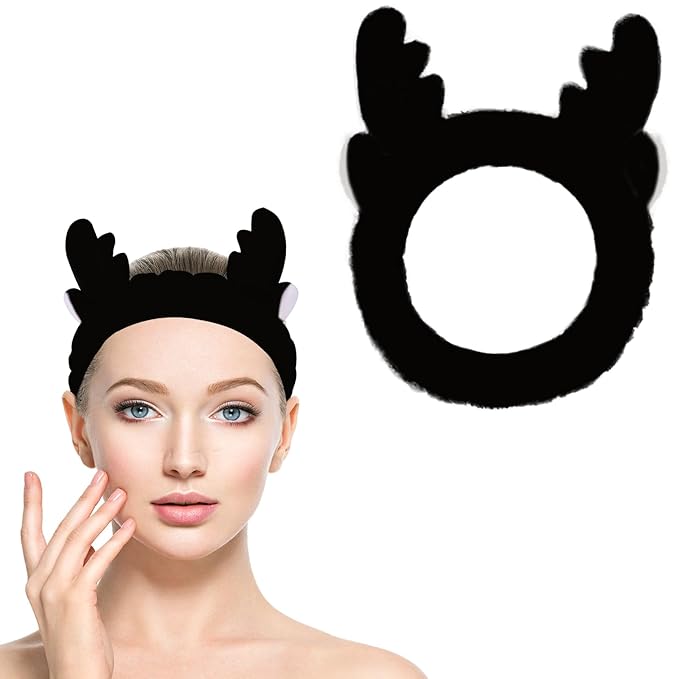 Jowmoy Cute antlers Headband Frog Eye Elastic to Wash Face for Women Makeup Shower Spa.