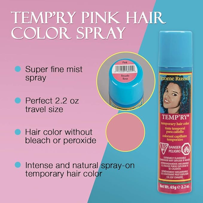 Jerome Russell Temporary Hair Color Spray Pink - Intense Spray-On Temporary Hair Color, Fast-Drying, Non-Sticky, Travel Size, 2.2 oz, Peroxide Free, Pink