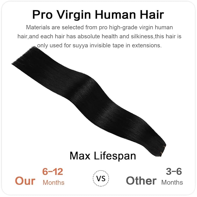 SUYYA Invisible Tape in Hair Extensions Human Hair Jet Black Seamless Injected Hand-Tied Pro Quality Virgin Human Hair 20PCS 50G/Pack Straight Tape Ins(18 inch #1 Jet Black)