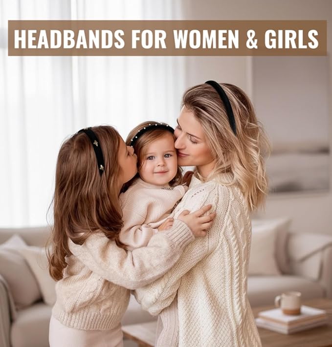 Huachi Black Headbands for Women Velvet, Wide Padded Headband for Girls Non Slip, Trendy Headbands for Women’s Hair, Fashion Hair Accessories 3PCS