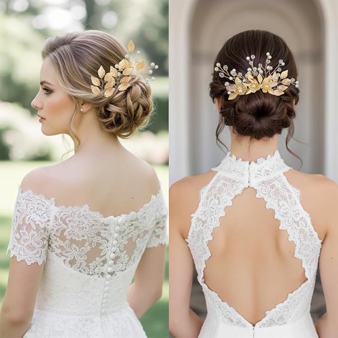 10 Pieces Gold Leaf Bridal Hair Pins, Wedding Headpiece Hair Jewelry with Pearl Rhinestone Wedding Hair Accessories for Bride Bridesmaids Flower Girls(Flowers)
