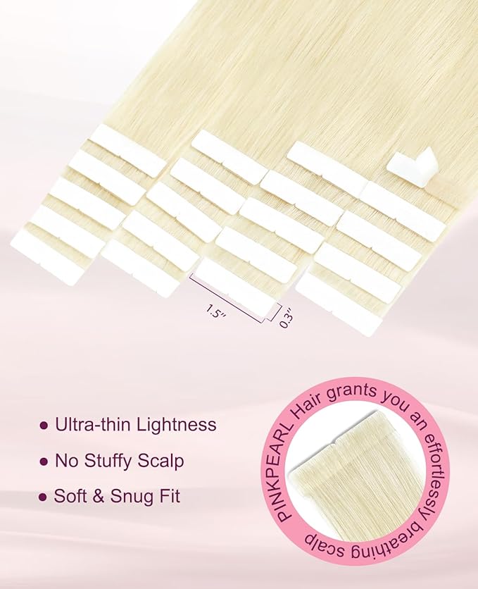 Pinkpearl Invisible Tape in Hair Extensions Human Hair, 20pcs 14inch 40g #60 Platinum Blonde Injection Tape in Extensions Real Remy Straight Seamless Silky Human Hair Injected