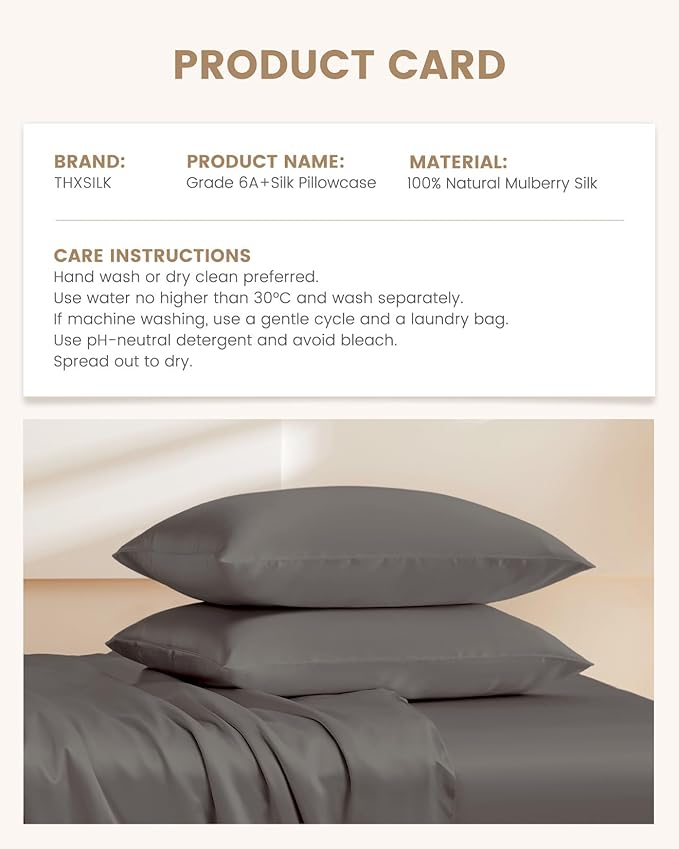 THXSILK Set of 2 Silk Pillowcase for Hair and Skin, 100% Mulberry Silk Bed Pillowcase Ultra-Soft, Soft Breathable Silk Pillow Case with Hidden Zipper, California King 20"x40", Dark Gray