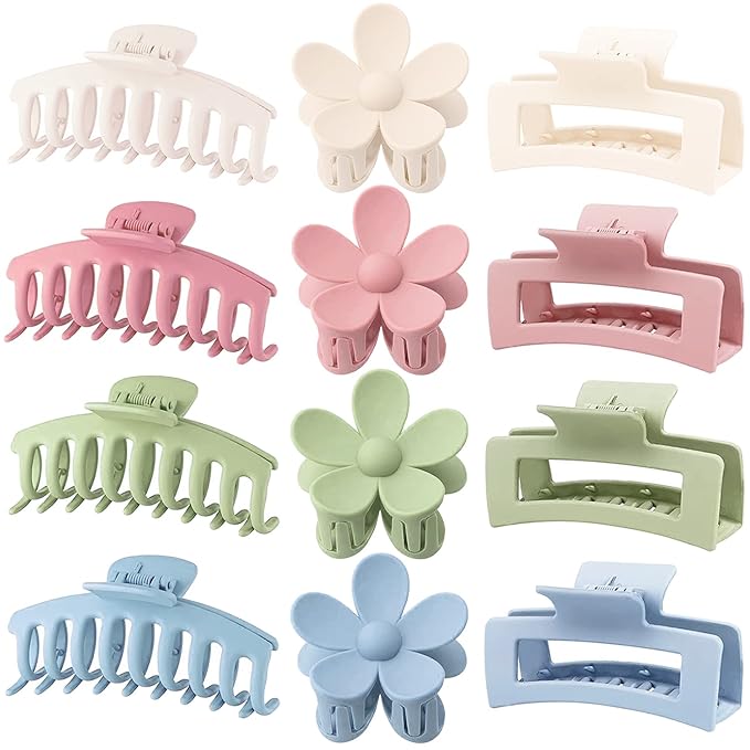 Large Hair Claw Clips 12 Pack, Flower Hair Clips for Thin Hair, Big Square Matte Strong hold for Thick Hair, 3 Styles Hair Clips for Women Thick Hair 4 Colors