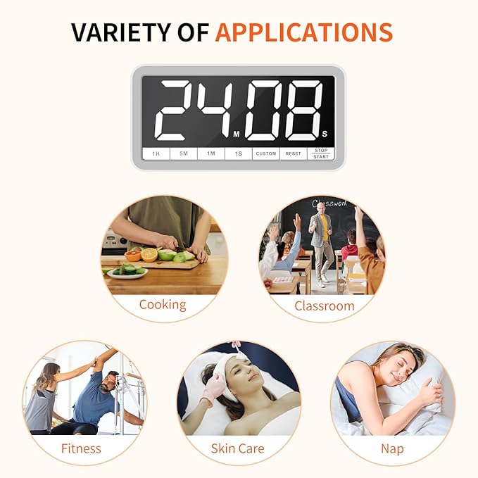 VOCOO Digital Kitchen Timer with 7.8” Extra Large Display, Magnetic, LED with 3 Brightness, 4 Alarms and 3 Volume Levels, Battery Countdown Count Up Timer for Cooking, Classroom, Home Gym (White)