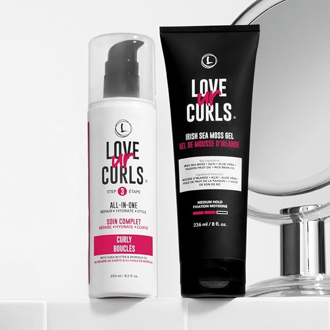 Love Ur Curls® All-in-One Curl Cream Styler for Curly Hair and Irish Sea Moss Hair Gel Bundle, Define, Hydrate and Style with Shea Butter, Medium Hold Curl Styling Gel to Reduce Excess Frizz