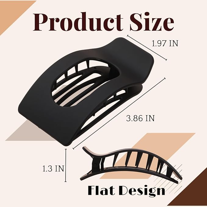8 Pack Black Flat Hair Clips for Women – Large Matte No-Slip Rectangle Claw Clips for Thick & Thin Hair, Strong Hold Square Hair Accessories for Work & Daily Styling