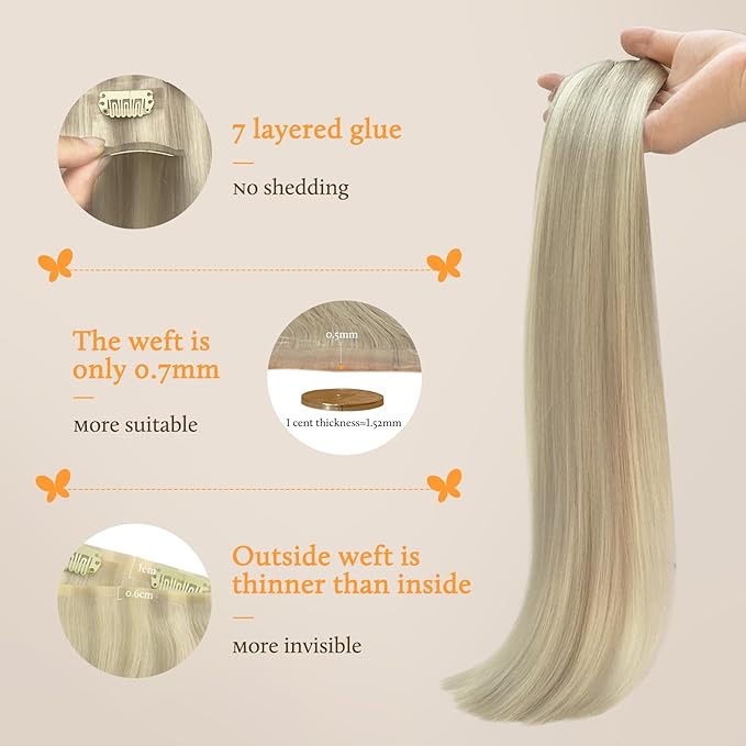 DOORES Seamless Clip-in Hair Extensions, Ash Blonde Highlighted Platinum Blonde 110g 7pcs 20 Inch, Straight Human Hair with Invisi Edge