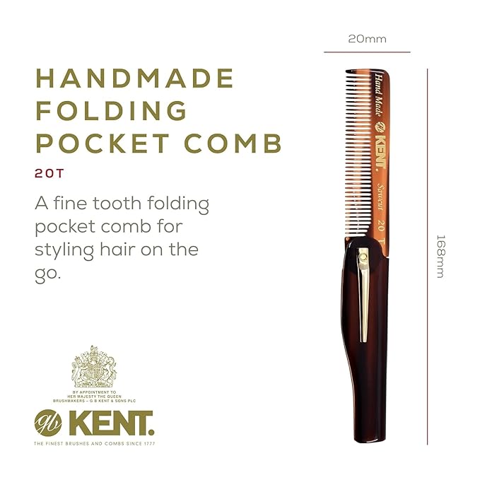 Kent 20T Handmade Folding Pocket Comb for Men, Fine Tooth Hair Comb Straightener for Everyday Grooming Styling Hair, Beard or Mustache, Use Dry or with Balms, Saw Cut Hand Polished, Made in England
