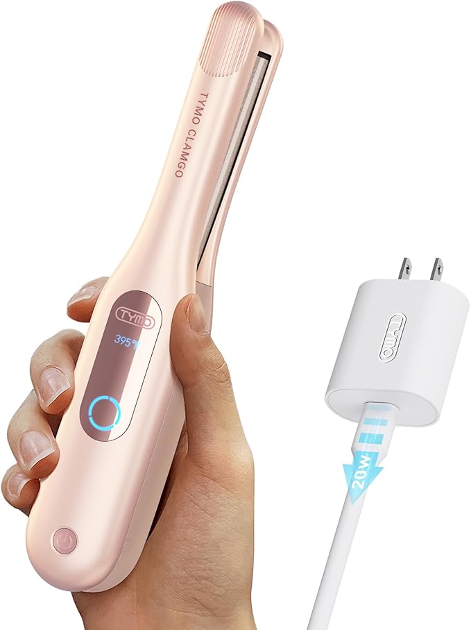 TYMO Cordless Mini Flat Iron for Short Hair, Portable 0.65 Inch Curling Iron for Travel, Hair Straightener and Curler 2 in 1, Ceramic Small Pencil Flat Iron with Curved, Dual Voltage, Pink