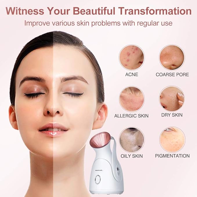 Facial Steamer, Amconsure Nano Ionic Face Steamer for Home, 100ML Warm Mist Humidifier for Women Moisturizing, Unclogs Pores-Bonus Stainless Steel Skin Kit and 2 Face Scrubbers
