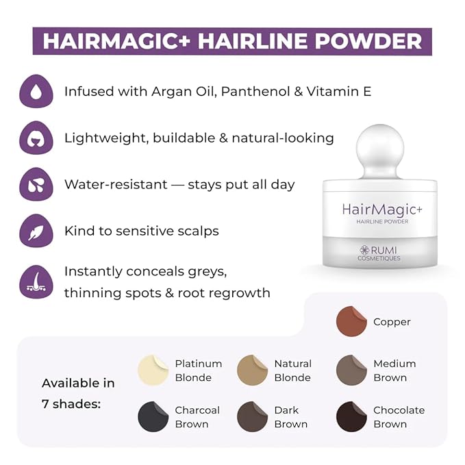 Rumi Cosmetiques HairMagic+ Root Touch Up Powder – Instant Gray Hair Coverage & Hairline Filler – Water-Resistant, Natural Finish, Nourishing Formula with Argan Oil & Vitamin E (Natural Blonde)