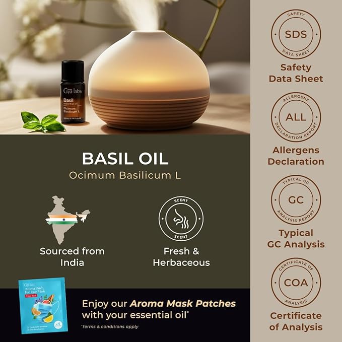 Gya Labs Basil Essential Oil - 0.34 Fl Oz - for Hair, Skin, Diffuser, Aromatherapy & DIY Candle Making Scent