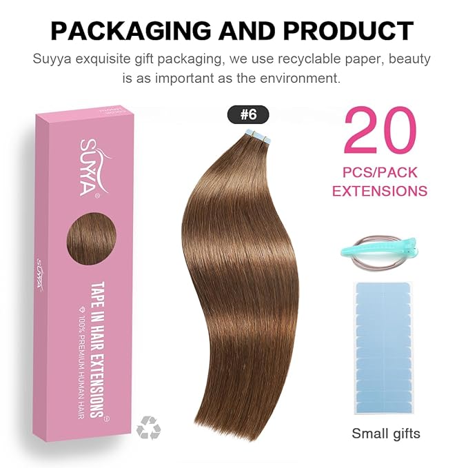 SUYYA Tape in Hair Extensions Human Hair Chestnut Brown 100% Remy Human Hair 20 inches 20pcs 50g/pack Straight Seamless Skin Weft Tape in Extensions(20 inches #6 Medium Brown)