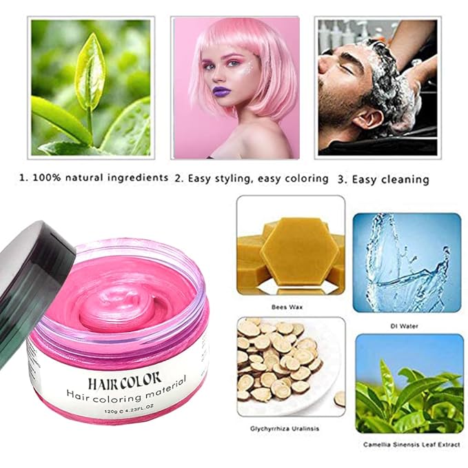Temporary Hair Color Wax Dye,Hair Spray Color, Natural Hair Wax Color, Kids Temporay Hair Wax Dye Ash for Halloween Cosplay,Party,Masquerade (Pink, 120g)