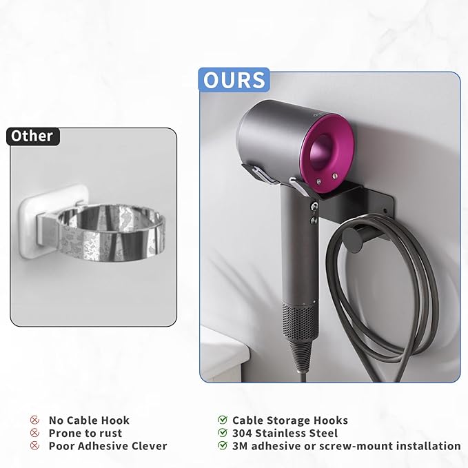 Hair Dryer Holder, Dyson Hair Dryer Holder, Blow Dryer Holder with Cord Hook SUS304 Stainless Steel Wall Mount, Self Adhesive/Screw Space Saving Hairdryer Holder for Bathroom Black Ptalseaw