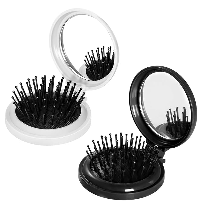 2pcs Mini Hair Brush with Mirror, Compact Air-Cushion Styling Foldable Brush, Tangle-Free Portable Design Lightweight Travel Brush for Women