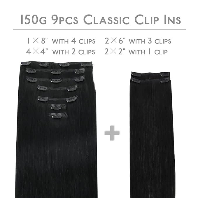 WENNALIFE Clip in Hair Extensions, 150g 24 Inch 9pcs Jet Black Remy Hair Thicker Double Weft Extensiones De Cabello Humano Con Clip Ins Straight Full Volume