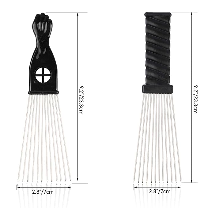 Afro Comb Metal African American Pick Comb Hairdressing Styling Tool, 2 Pack (Black-4, 2piece Assortment, Wide Teeth, Classic Black Fist Design, For Curly Hair and Afro Hairstyle)