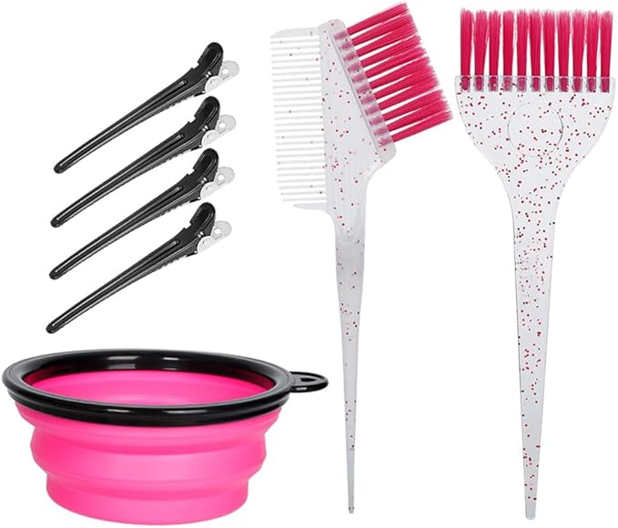 Hair Dye Color Brush and Bowl Set, Color Bowl Brushes Tool Mixing Bowl Kit Tint Comb for Hair Tint Dying Coloring Applicator (Pink&Clear)