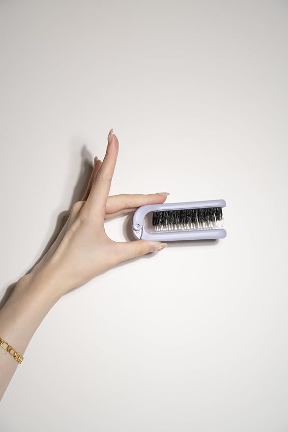 Uffy MiniPop Travel Hair Brush – Mini Folding Boar Bristles for Women, Men & Kids | Kid-Friendly Portable Purse Brush for Wet & Dry Hair, Curly or Straight | Pocket-Size Detangler – Lavender