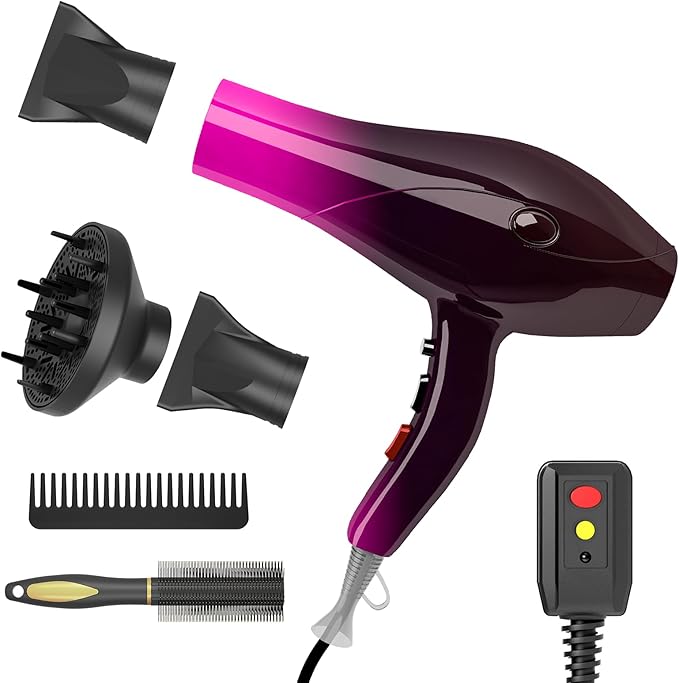 Ionic Hair Dryer,2400W Negative Ion Low Noise Hair Dryer Professional Fast Drying Hair Dryers with 2 Speeds, 3 Heat Settings, Cooling Button,with Diffuser for Curly and Straight Hair（Crimson Fade）