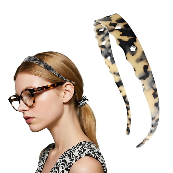 Acetate Hairbands for Women - Non-Slip Thin Headbands with Teeth, Eyewear-Friendly Design, 90s Retro Hair Accessories, No Pressure & No Headache Sunglasses Headband (Leopard print)