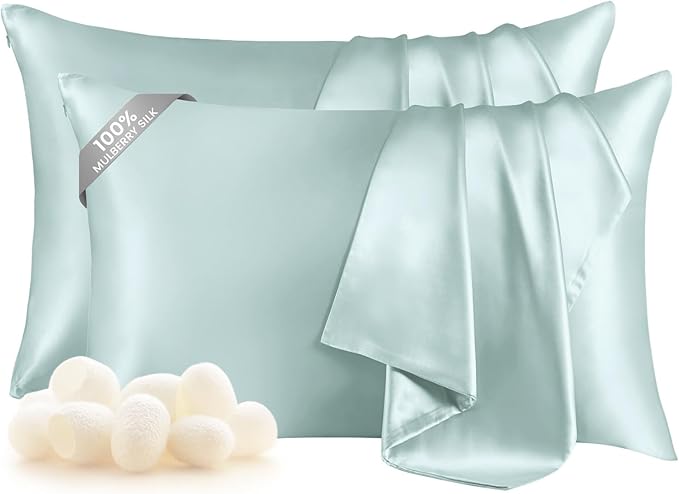 THXSILK Set of 2 100% Mulberry Silk Pillowcase for Hair and Skin, Grade 6A+ Mulberry Silk Pillow Cases Ultra-Soft, Hypoallergenic Pillow Case Cover with Zipper (Queen 20"x30", Light Blue)