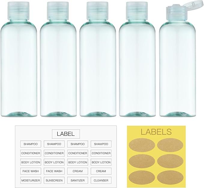 LISAPACK 3.4 oz Travel Bottles for Toiletries, Plastic Travel Size Containers for Shampoo Conditioner TSA Approved, Empty Small Squeeze for Lotion, Leak Proof Mini Liquid Tube Refillable Light Green