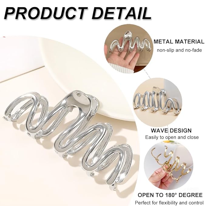 1 Pack Metal Sliver Hair Claw Clips Irregular Waves Design Hair Clips Fashion Hair Accessories Strong Hold Jaw Clamp Clip for Thick/Thin Hair Nonslip Hair Barrette for Women Girl Daily Hair Decoration