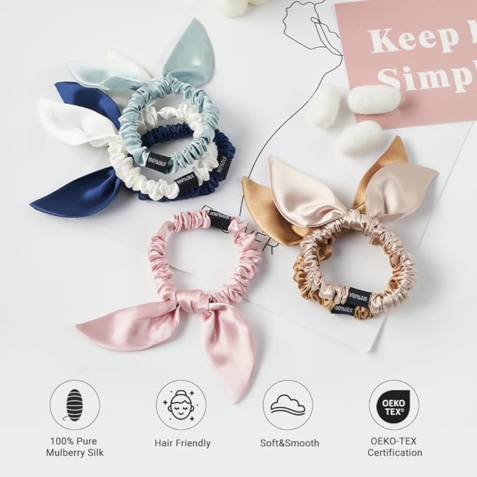 THXSILK Hair Silk Scrunchies with Bow for Women Pure Mulberry Silk Hair Cute Ring Ties Scrunchies for Girls Women's Thick Hair, Champagne, 2.8"