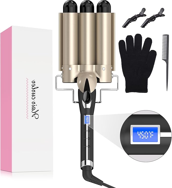 Hair Waver 1 1/4 Inch Crimper for Large Loose Waves, AIMERVO 3 Barrel Curling Iron 1.25", 15 Heat Settings 170-450°F for All Hair Types, Ceramic Jumbo Curling Wand, Dual Voltage, for Mid to Long Hair