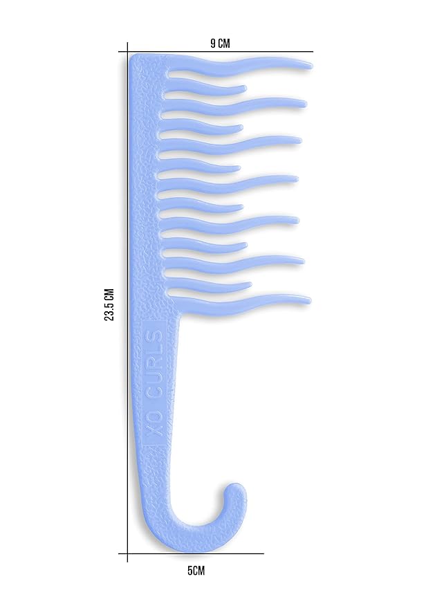 XO Curls Shower detangling hair comb, Wide tooth comb, Comb with hook for easy hanging in shower, Gentle on Scalp, Hair comb for with curly & wavy hair (Blue)