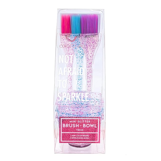 Colortrak 3 Pack Mini Glitter Trio Brush & Bowl Set, Small Brushes with Colorful Feather Bristles, Stackable Color Bowls with Non-Slip Rubber Rings, Easy Handling, 3 Sets Total