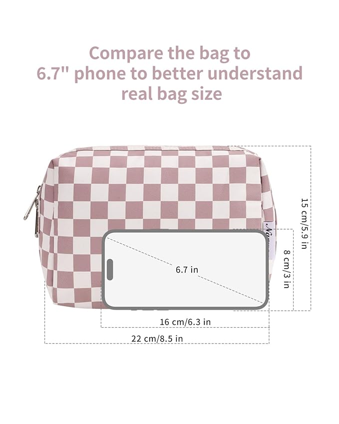Narwey Checkered Makeup Bag Pink Travel Cosmetic Bag Organizer Toiletry Bag Make Up Bags with Compartments for Women Girls (Large, Dusty Rose Checkerboard)
