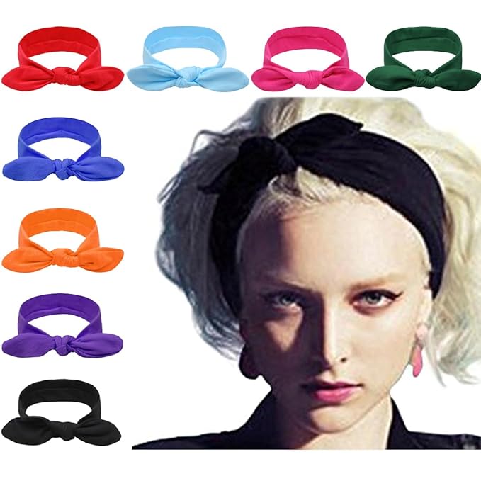 DRESHOW 8 Pack Bow Headbands for Women Girls Elastic Headwraps Knotted Headband Rabbit Ears Turban Non-Slip Sport Cute Hair Accessories