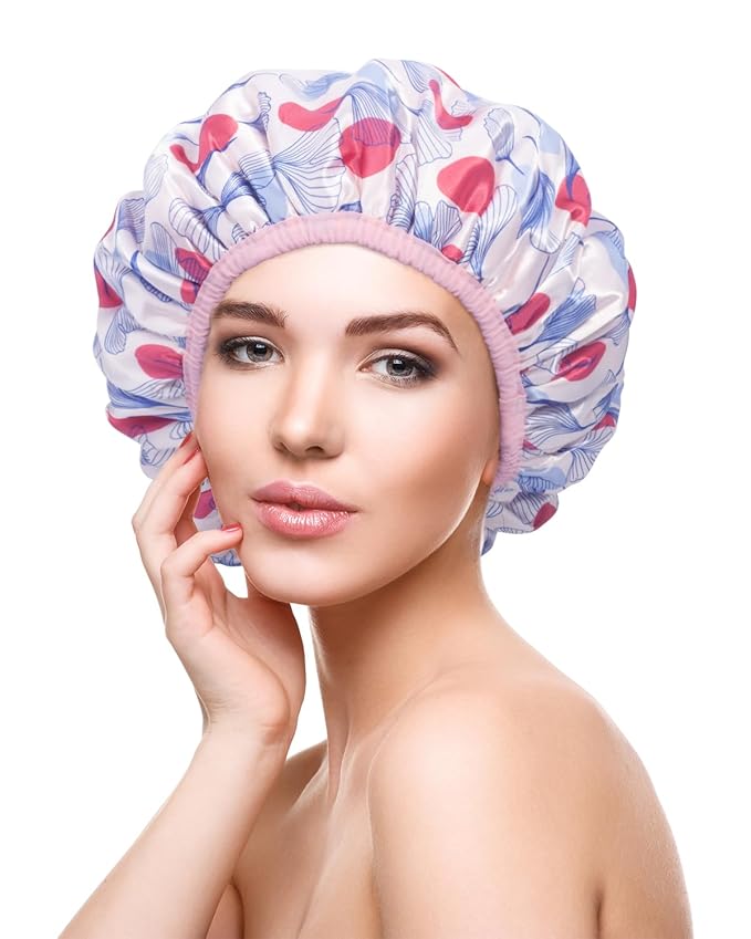 Auban Shower Cap, Shower Cap for Women Terry Cloth Lined EVA Exterior Reusable Double Layer Waterproof, Large Bath Hair Cap, Hotel Travel Essentials Accessories Cleaning Supplies (Flower)