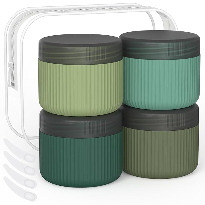 ME.FAN Travel Containers for Toiletries, TSA Approved 2 oz Silicone Cream Jars, Leak-proof Journey Containers, Trip Accessories with Lid for Cosmetic Face Hand Body Cream 4 Pack Black Lid Blue Green
