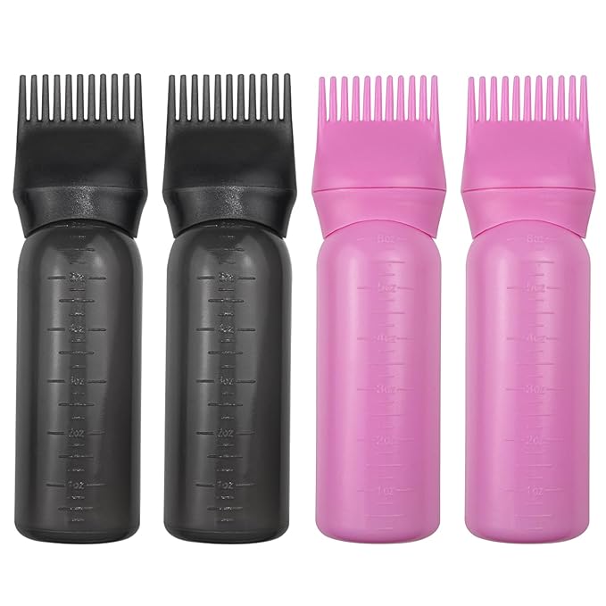 ELANE 4 Pack Root Comb Applicator Bottle, Oiling Applicator, Oil Comb Applicator for Hair Dye & Shampoos, Hair Salons (2 Black + 2 Pink)
