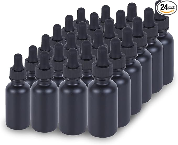 2 oz Dropper Bottle 24 Pack Black Glass Boston Bottles 60ml with Eye Droppers Black Caps for Essential Oils, Perfume, Leak Proof Travel Bottles for Liquids